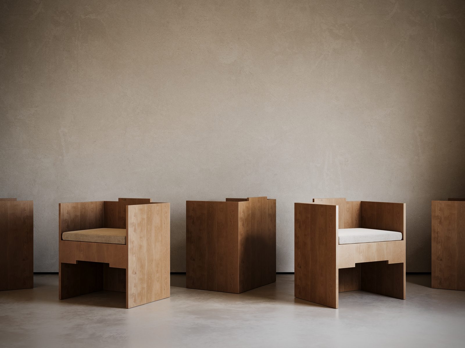 Minimalist wooden chair collection render